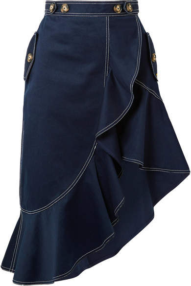 Self-Portrait - Asymmetric Ruffled Cotton-twill Skirt - Navy