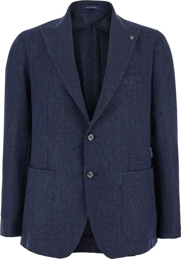 Tagliatore Blue Single-breasted Jacket With Peak Lapel In Wool And Cotton Blend Man