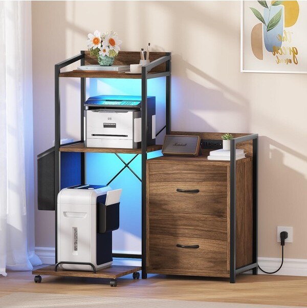 Fulvari FileCabinetFilingCabinetFitsLetter/a4Size2DraweFileCabinetsforHomeOfficewithPowerStripLEDLightsOpenShelf