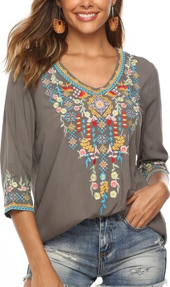 Seasonal Women's Boho Embroidered Tops Mexican Peasant Style Bohemian 3/4  Sleeve Shirt Hippie Clothes Summer Tunic Blouses (Grey - ShopStyle