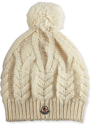 Moncler Cable-Knit Hat w/Pompom, White