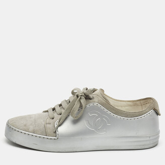 Chanel Grey/Silver Suede and Leather Low Top Sneakers Size 38 - ShopStyle