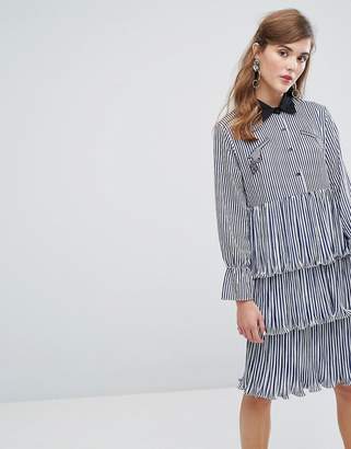 Sister Jane Midi Tiered Shirt Dress With Ruffles & Patches In Stripe
