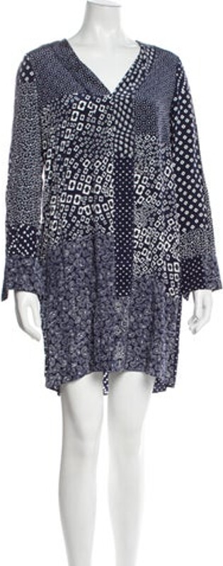 Diane von Furstenberg Silk Shift Dress Blue Printed Long Sleeve with V-Neck Designer