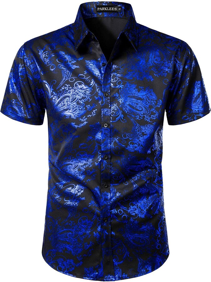 PARKLEES Men's Luxury Paisley Shiny Printed Slim Fit Short Sleeve