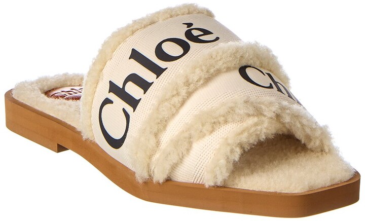 ChloÃ© Shearling Slide Sandals Chloé Woody Canvas Shearling Slide - Main Image