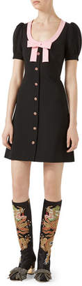 Gucci Puffed-Sleeve Button Dress with Bow, Black/Pink