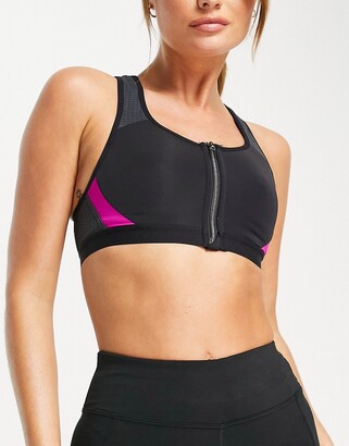 Dorina Harlem micro non padded zip front medium impact sports bra in black and pink - BLACK
