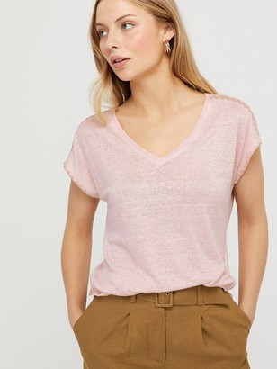 Monsoon Liza Stitch Detail Linen T-shirt - Blush Pink