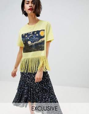 Reclaimed Vintage inspired print t-shirt with fringing