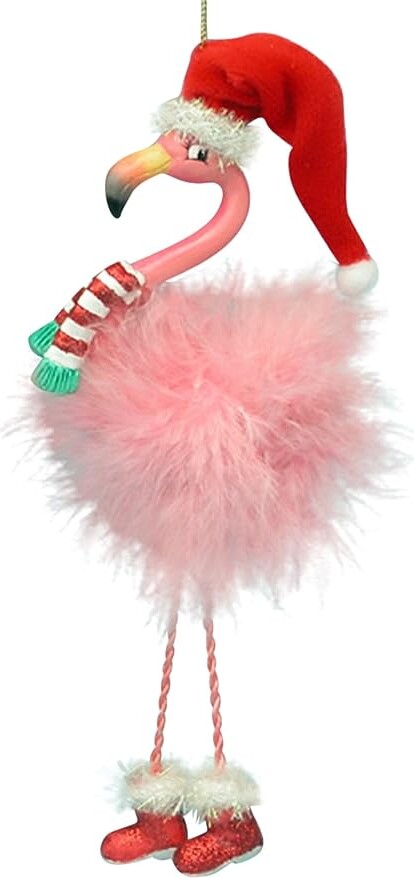 Pink Flamingo in Santa Hat and Feathers Christmas Holiday Ornament