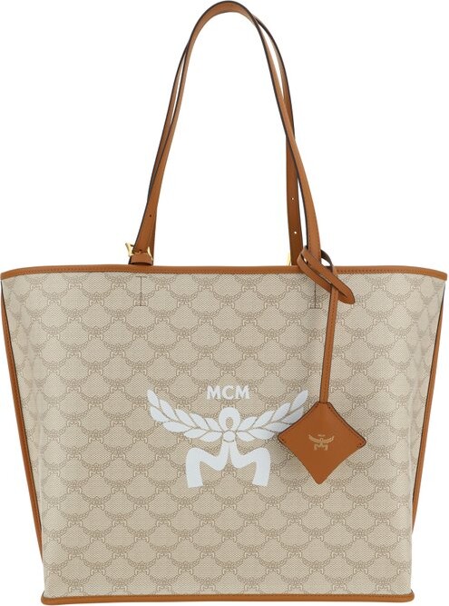 MCM Medium Himmel Lauretos Logo Printed Tote Bag