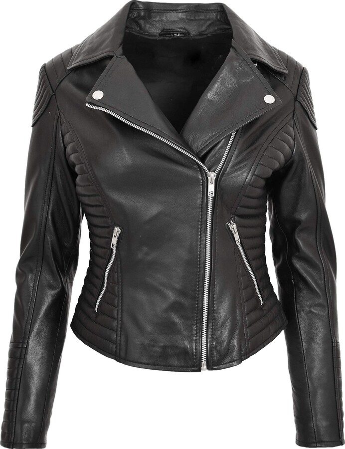 House Of Leather Womens Real Leather Biker Jacket Cross Zip Slim Fit