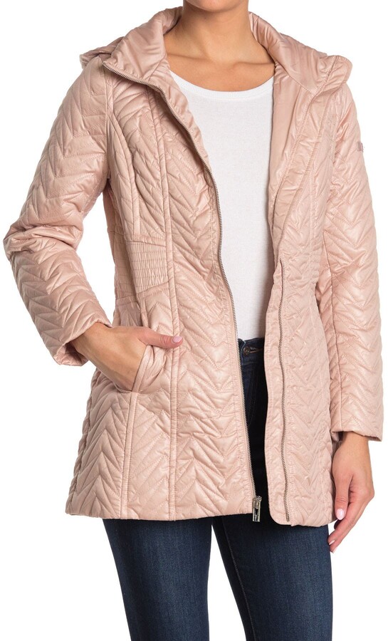 Via Spiga Womens Zigzag Quilted Mid-Length Puffer Jacket with Detachable Hood 
