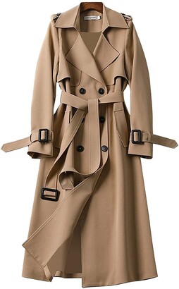 Vagbalena Women's Basic Windbreaker XL Tunic Coat Coat Long Sleeve Trench Coat Jacket Pocket Belt Belt Long Coat (Khaki S)