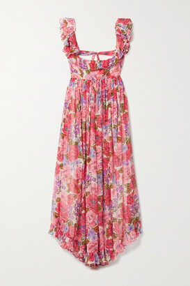 Zimmermann Poppy Open-back Ruffled Floral-print Silk-crepon Midi Dress - Pink