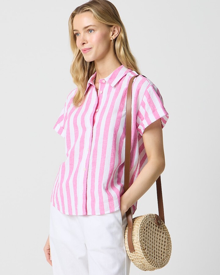 Striped short-sleeve linen-blend button-up shirt