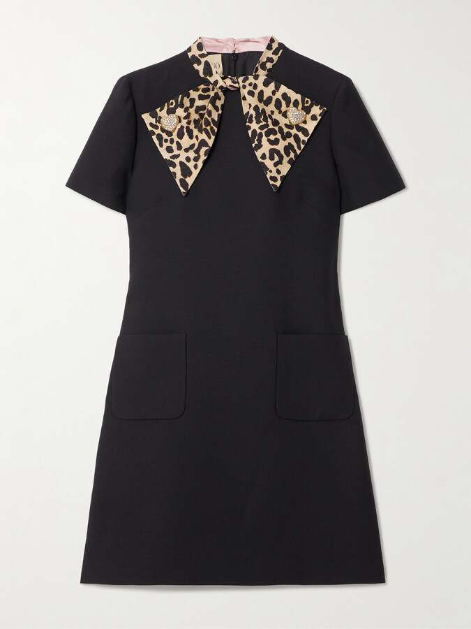 Valentino Garavani - Embellished Pussy-bow Wool And Silk-blend Crepe Mini Dress - Black
