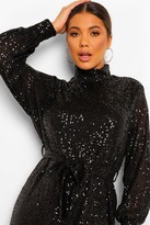 Thumbnail for your product : boohoo Sequin High Neck Long Sleeve Tie Waist Mini Dress