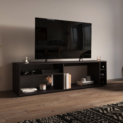 Modern 63" Tv Stand, 3 Open Shelves & Bottle , Accommodates 60-69" Tvs, Black Living Room Useful Fixture Suits Black, Decor