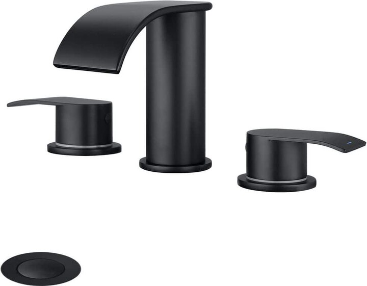 GAGALIFE 8 in. Widespread Double-Handle Waterfall Spout Bathroom Vessel Sink Faucet with Pop Up Drain Kit in Matte Black