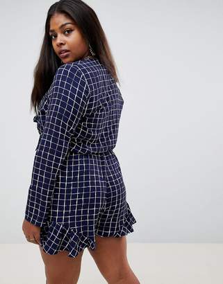 Glamorous Curve Playsuit With Frill Shorts And Bow Front In Grid Check