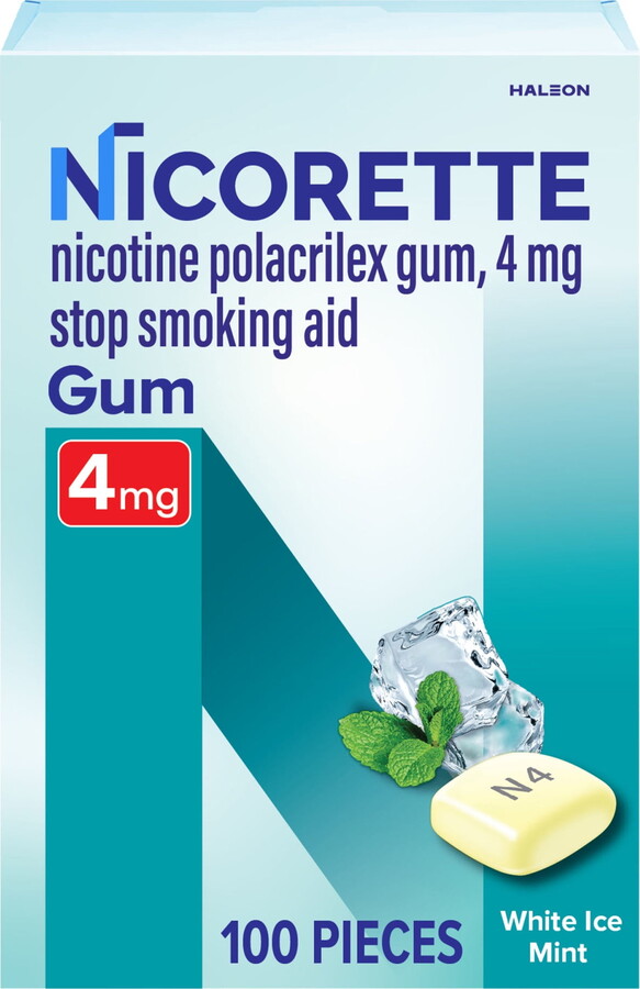 Nicorette Nicotine Gum, Stop Smoking Aids, 4 Mg, White Ice Mint, 100 Count