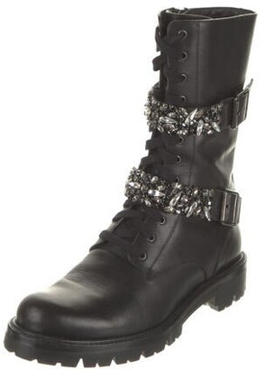 Rene Caovilla Leather Crystal Embellishments Combat Boots