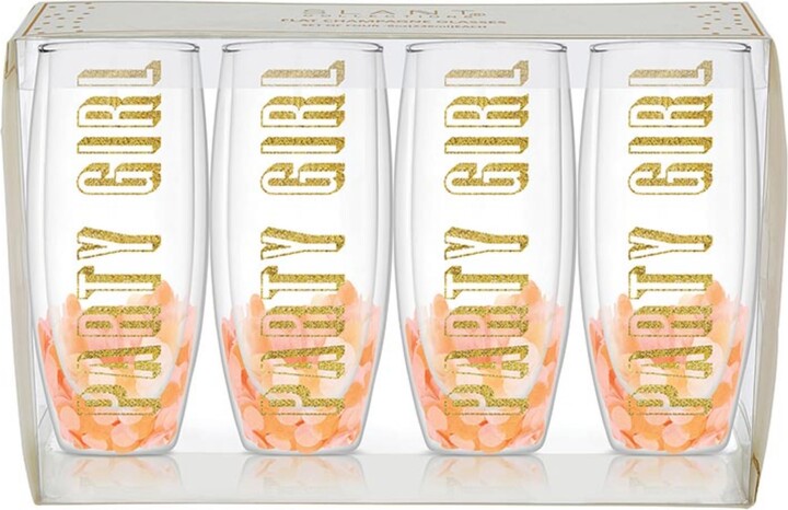 Slant Collections Birthday Party Double Wall Glass Champagne Flutes 4-Pack Confetti Filled Stemless Glasses, 8-Ounce, Party Girl