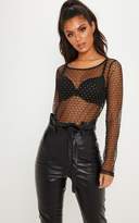 Thumbnail for your product : PrettyLittleThing Black Sheer Metallic Flock Crew Neck Long Sleeve Top