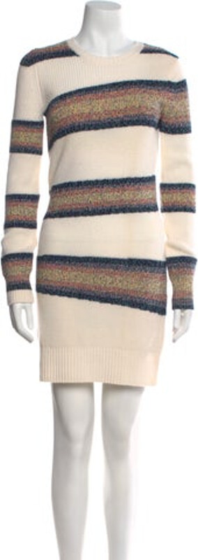 Kenzo Wool Shift Dress Neutrals Striped Long Sleeve with Crew Neck