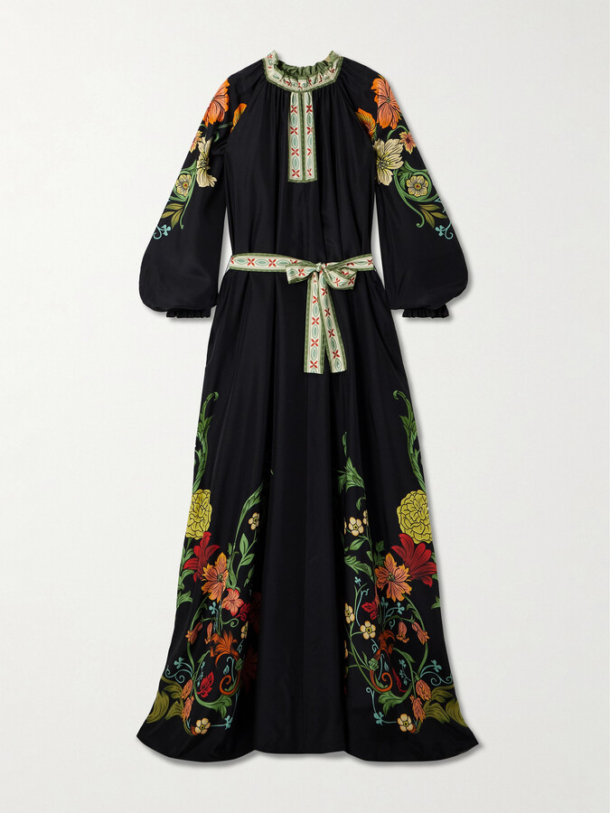 La DoubleJ Cerere Belted Floral-print Silk-voile Maxi Dress - Black