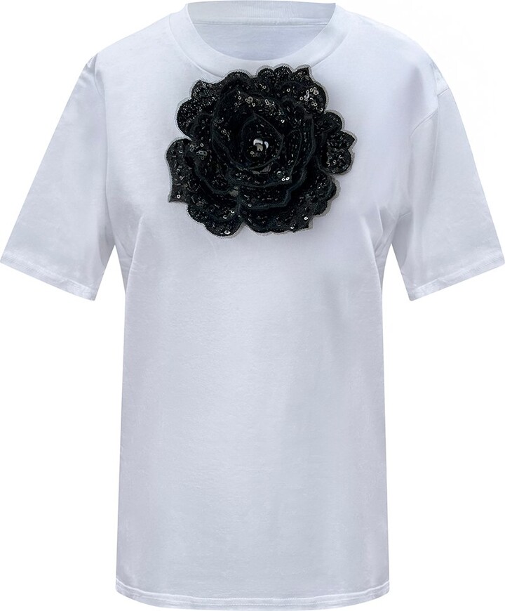 Toma White / Black Flower White Cotton T-Shirt With Black Sequin Rose
