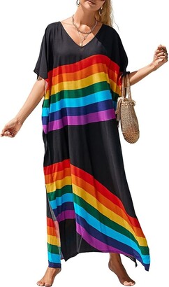 Bsubseach Women V Neck Loose Multicolor Rainbow Beach Dress Batwing Sleeve Long Kaftan Beachwear Swimsuit Cover Up Plus Size