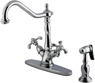 Kingston Brass French Country Two-Handle 2-or-4 Hole Deck Mount Kitchen Faucet with Brass Sprayer