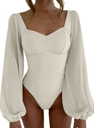 Elegant High Cut Mesh Puff Sleeves Sweetheart Bodysuit - White – Trendy &  Unique