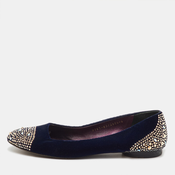 Gina Navy Blue Velvet Crystal Embellished Ballet Flats Size 39