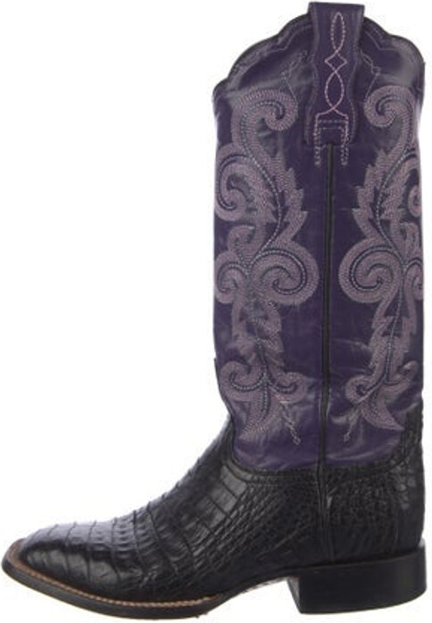 Lucchese Leather Knee-High Western Boots Purple Patterned Square-Toes with Embroidered Accent Includes Box Designer