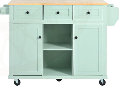 Versatile Kitchen Cart with Rubber Wood Drop-Leaf Countertop, Storage Cabinet, and 3 Drawers on 5 Wheels for Enhanced Mobility and Organization