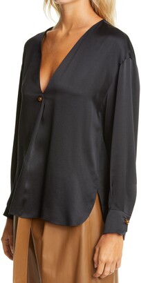 Vince V-Neck Ball Button Silk Blouse - ShopStyle Tops