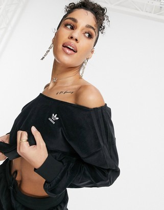 adidas 'Relaxed Risqué' velour off the shoulder sweatshirt in black -  ShopStyle