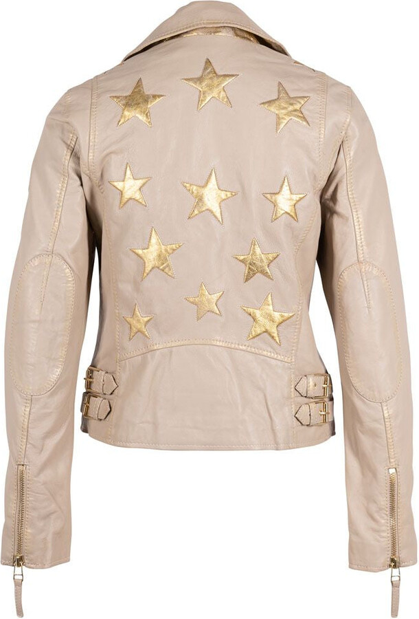 Neutrals Christy Rf Star Detail Leather Jacket, Offwhite & Gold