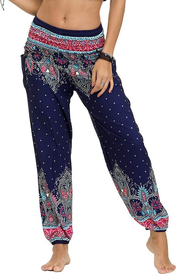 Nuofengkudu Women's Hippie Harem Pants High Waisted with Pockets Boho ...