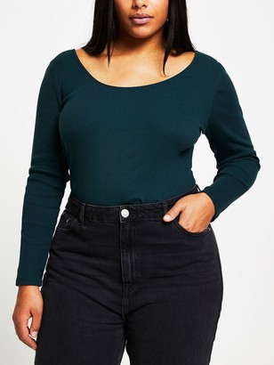 River Island Scoop Neck Long Sleeved Jersey Top - ForestGreen