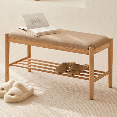 Light Khaki Upholstered + Solid Wood Bench