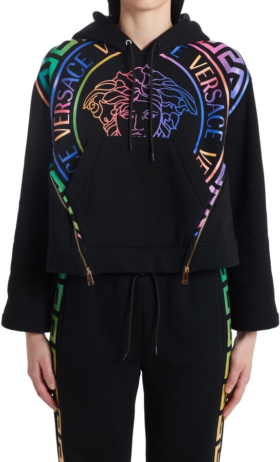 Versace Ladies Black / Multicolor Rainbow Logo Crop Top, Brand