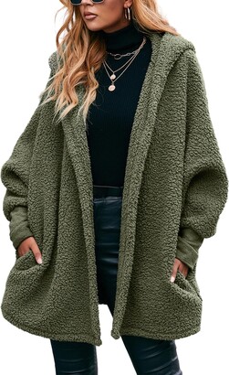 Frobukio Fleece Coats for Women UK Plus Size Long Sleeve Open Front Fuzzy  Teddy Reversible Hooded Cardigan Winter Warm Sherpa Jacket Outwear with  Pockets (Army Green - ShopStyle
