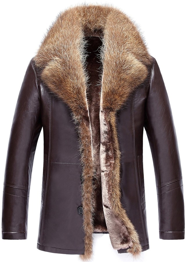 FGYYG Men's Classic Luxury Detachable Fur Collar Military Thicken Warm Cotton Jacket Winter Casual Multi-Pocket Zipper Stitching PU Leather Parka Coat