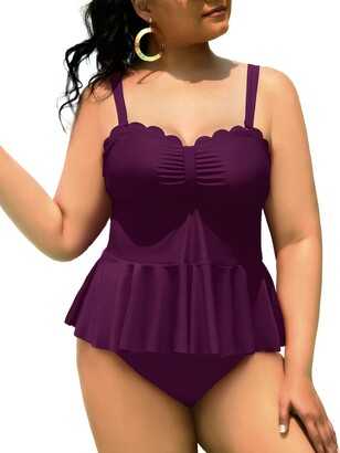 Women's Plus Size Two Piece Blouson Tankini Swimsuit-Black Orange Flor –  Yonique