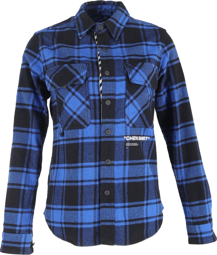 Off-White Check-Print Button-Down Long Sleeve Shirt in Blue Cotton